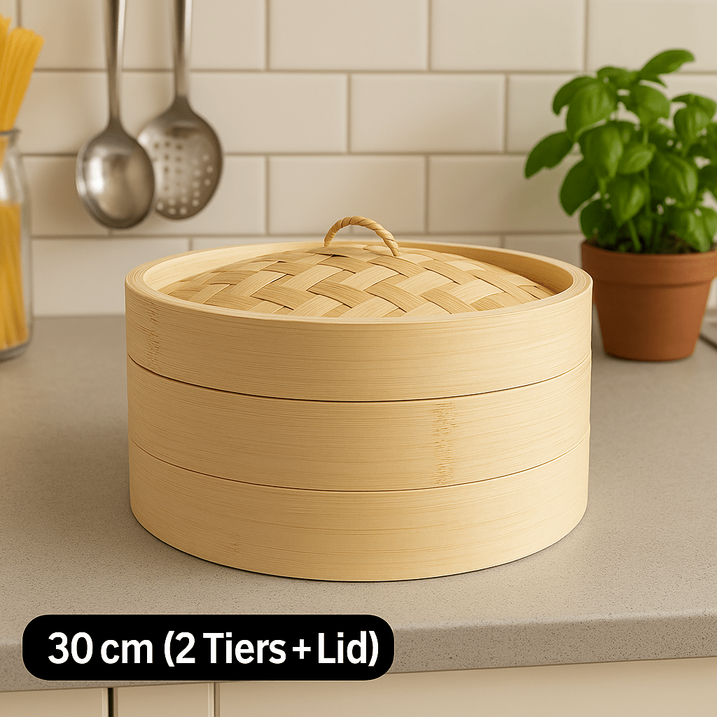 30cm Bamboo Steamer Set (2 Tiers + Lid) – Traditional Dim Sum & Dumpling Basket - OMECA wholesale LTD.