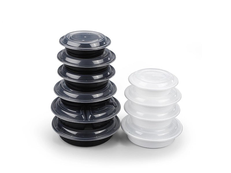 JR Series Round Takeaway Containers with Lids – Heavy - Duty Plastic Food Storage (Black/White Base) - ECO Box
