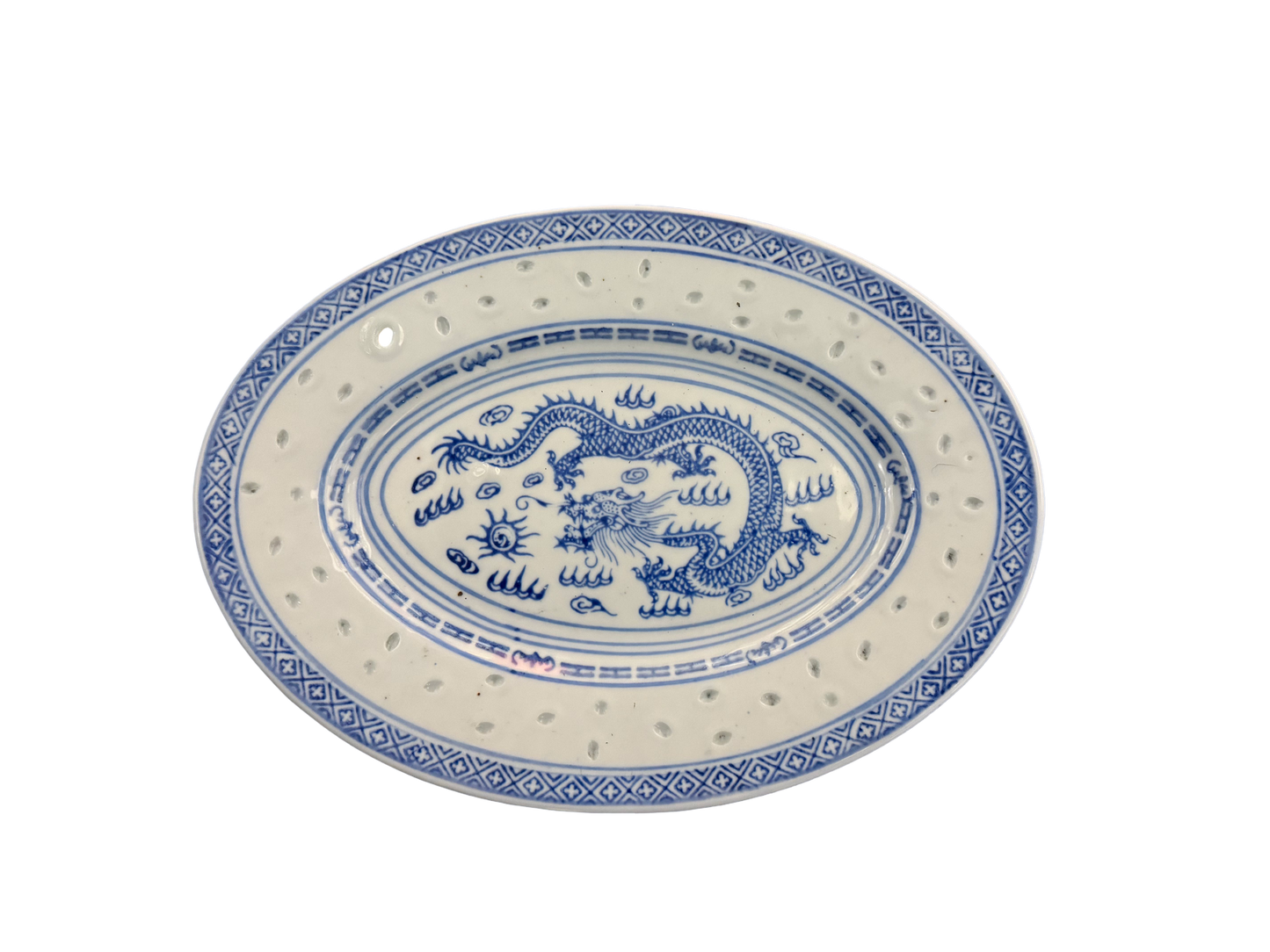 Blue & White Porcelain Oval Strainer Plate – Dragon Motif (Perforated)