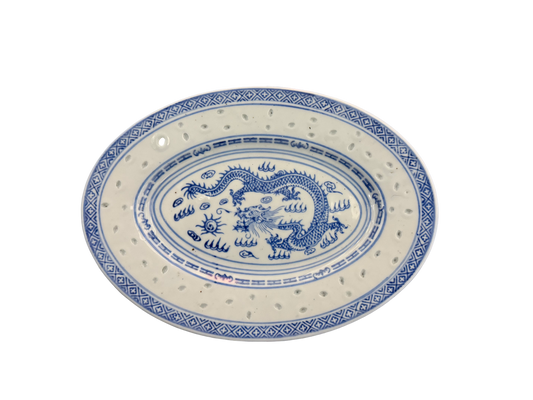 Blue & White Porcelain Oval Strainer Plate – Dragon Motif (Perforated)