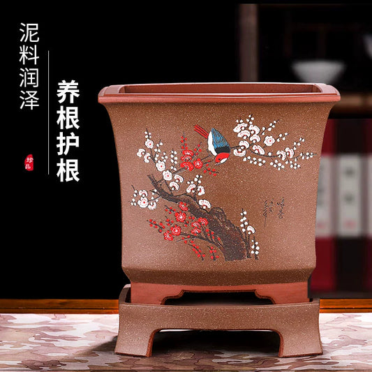 宜兴紫砂花盆高档陶瓷君子兰专用带托盘盆景盆栽紫砂盆客厅