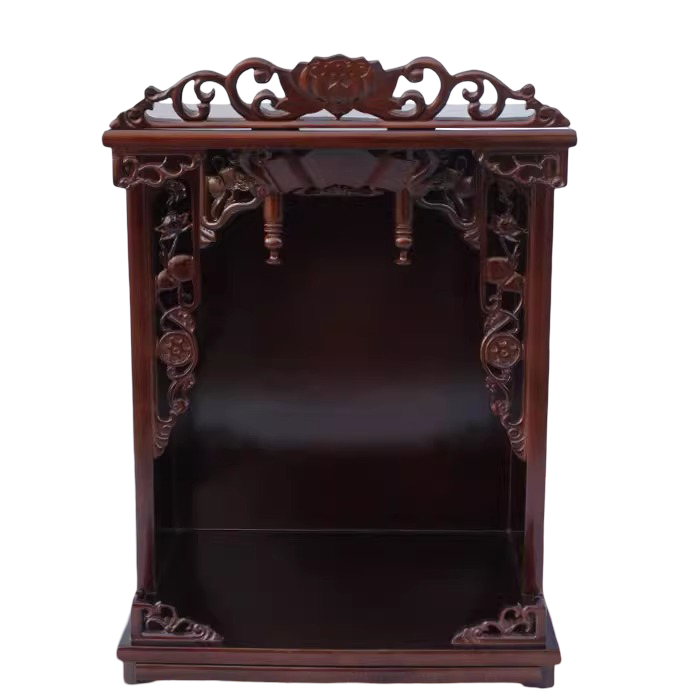 Red Mahogany Floral Carved Home Temple Shrine with Pull-Out Tray
