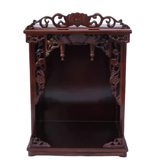 Red Mahogany Floral Carved Home Temple Shrine with Pull-Out Tray