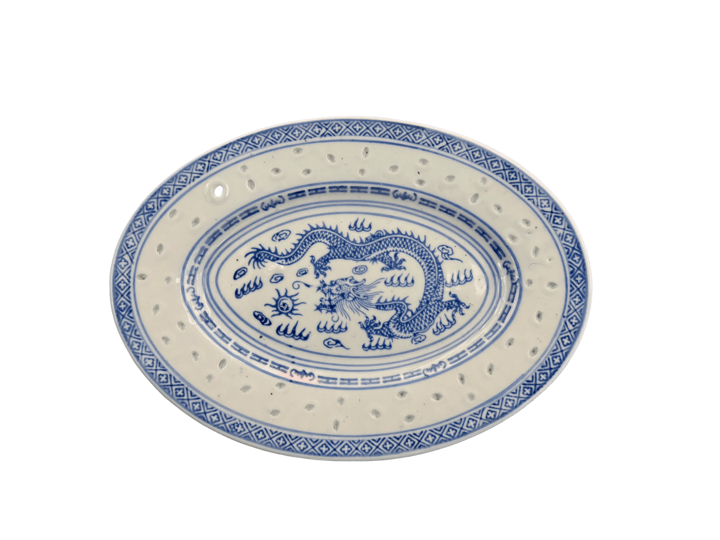 Blue & White Porcelain Oval Strainer Plate – Dragon Motif (Perforated) - OMECA wholesale LTD.