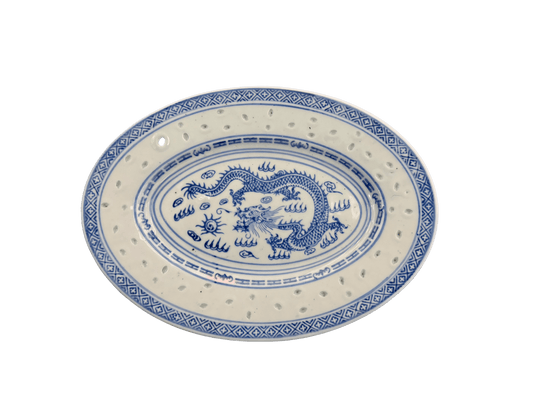 Blue & White Porcelain Oval Strainer Plate – Dragon Motif (Perforated) - OMECA wholesale LTD.