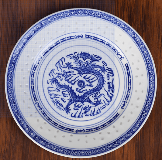 Blue & White Porcelain Round Soup Plate – Dragon Pattern - OMECA wholesale LTD.