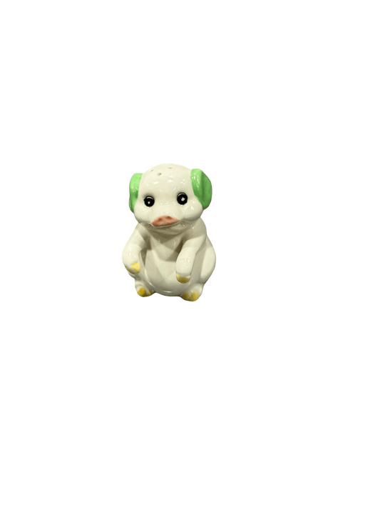 Cute Ceramic Animal Figurine – White Sitting Puppy with Green Ears and Yellow Paws (Miniature Decoration) - ECO Box