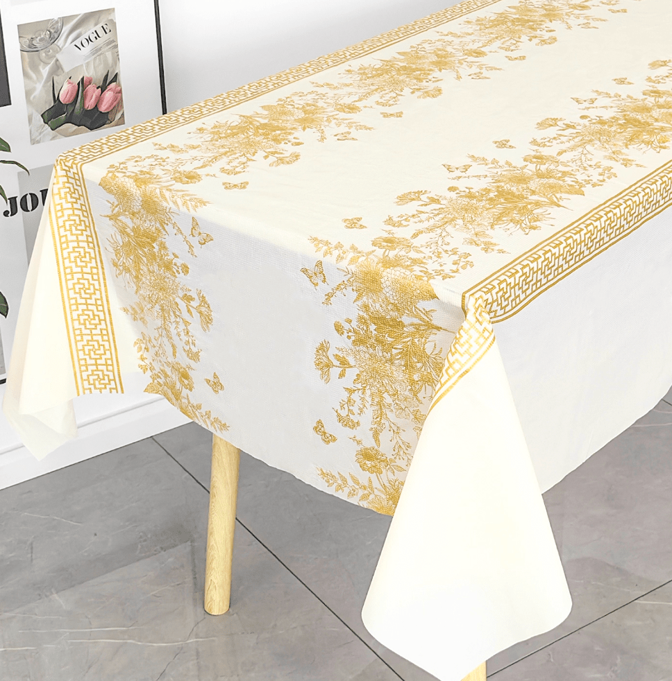 Eco - Friendly Disposable Tablecloth - White Paper Table Cover with Geometric Border Design for Restaurants - OMECA wholesale LTD.