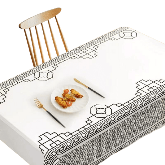 Eco - Friendly Disposable Tablecloth - White Paper Table Cover with Geometric Border Design for Restaurants - OMECA wholesale LTD.
