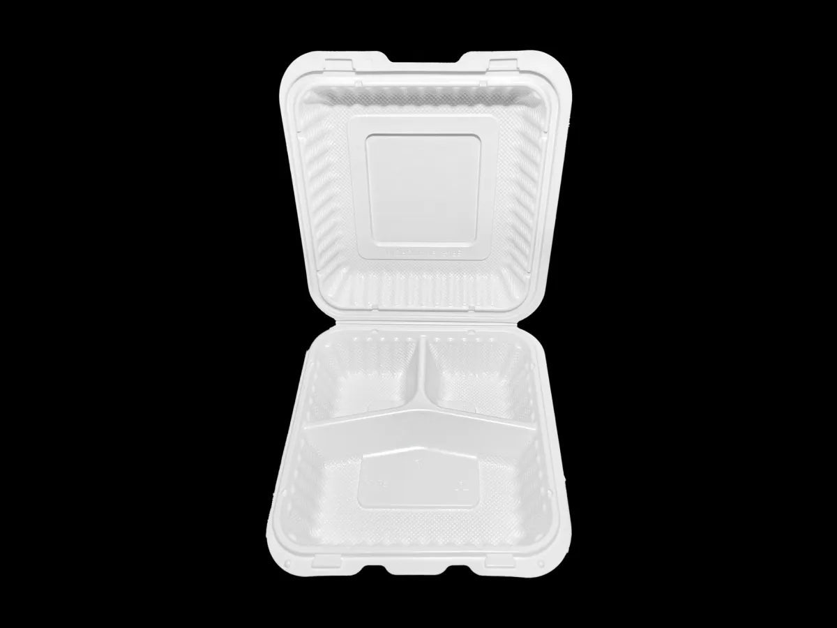 EP - 73 PP Hinged Container 7.5*7.5 3 comp. 150 pcs - OMECA wholesale LTD.
