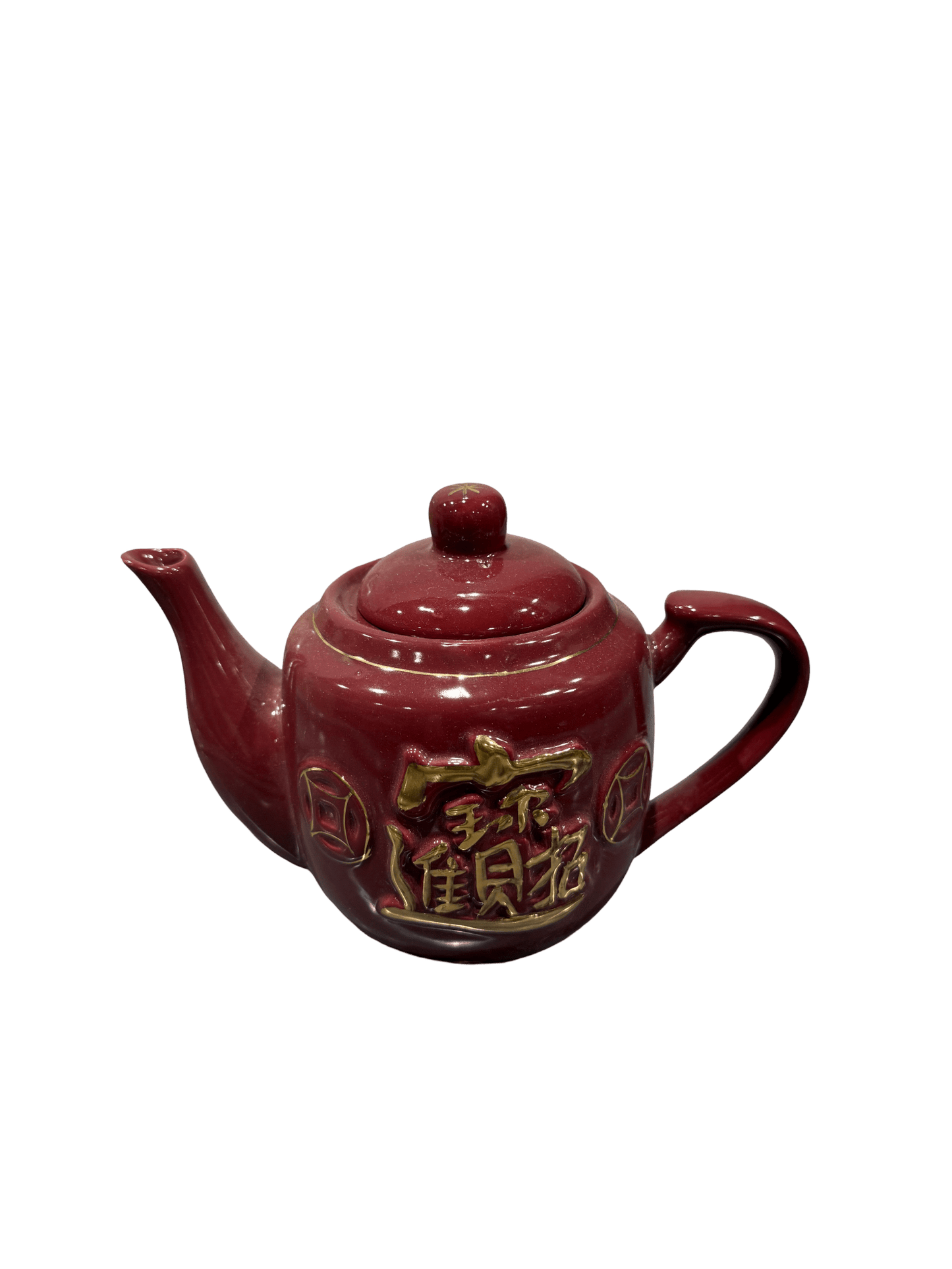 Feng Shui Ceramic Teapot Decor – Red Prosperity Teapot with Gold 招财进宝 & Money Symbols (Wealth Attraction) - ECO Box