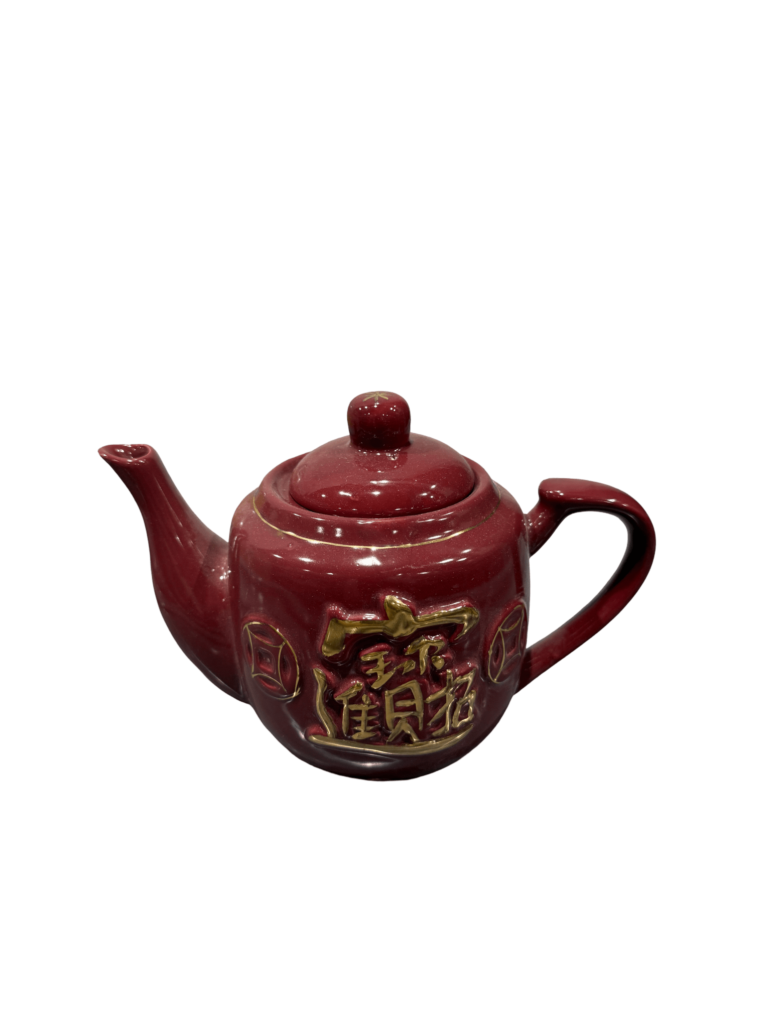 Feng Shui Ceramic Teapot Decor – Red Prosperity Teapot with Gold 招财进宝 & Money Symbols (Wealth Attraction) - ECO Box