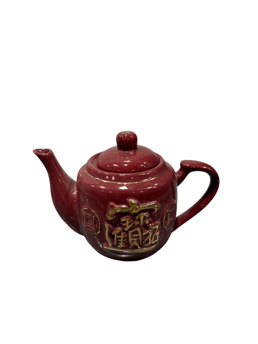 Feng Shui Ceramic Teapot Decor – Red Prosperity Teapot with Gold 招财进宝 & Money Symbols (Wealth Attraction) - ECO Box
