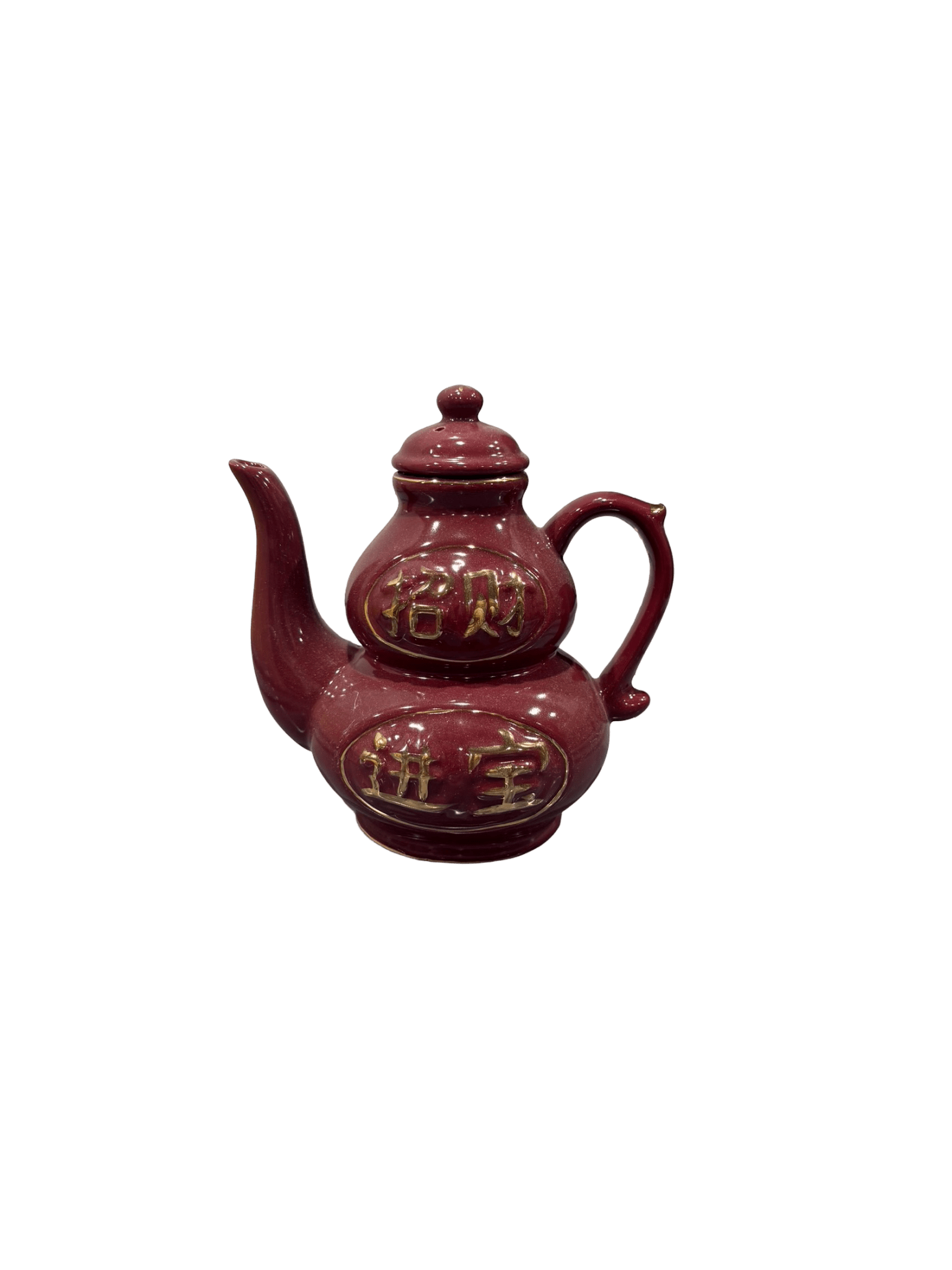 Feng Shui Ceramic Wealth Teapot – Red Glazed Gourd Shape with Gold Chinese Calligraphy 招财进宝 (Attract Wealth) - ECO Box