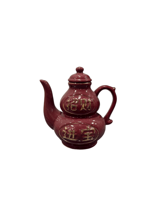 Feng Shui Ceramic Wealth Teapot – Red Glazed Gourd Shape with Gold Chinese Calligraphy 招财进宝 (Attract Wealth) - ECO Box