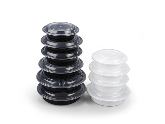 JR Series Round Takeaway Containers with Lids – Heavy - Duty Plastic Food Storage (Black/White Base) - ECO Box