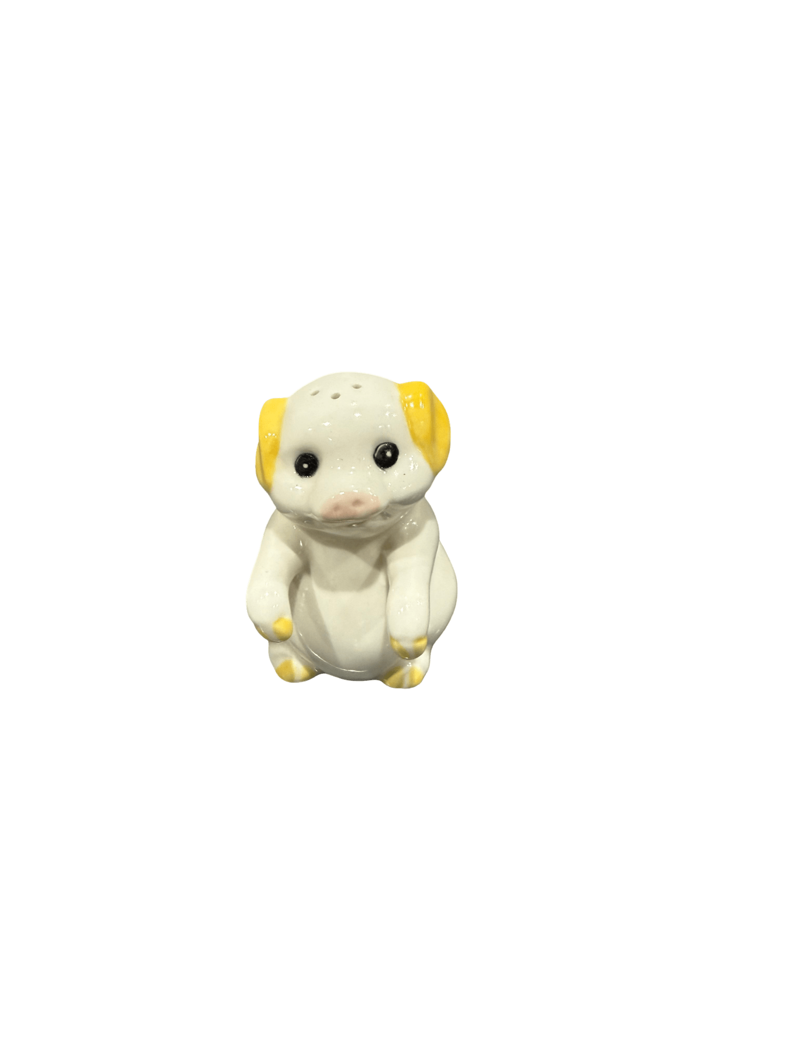 Mini Ceramic Puppy Figurine – White Sitting Dog with Yellow Ears & Paws (Cute Animal Decor or Salt Shaker) - ECO Box