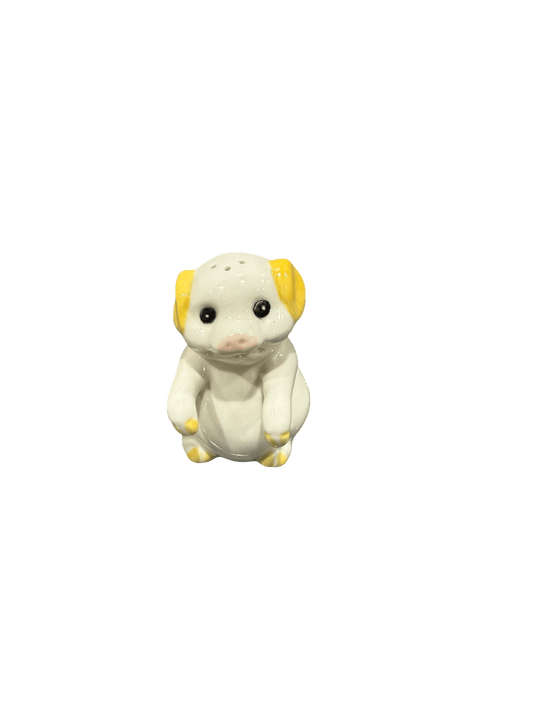 Mini Ceramic Puppy Figurine – White Sitting Dog with Yellow Ears & Paws (Cute Animal Decor or Salt Shaker) - ECO Box