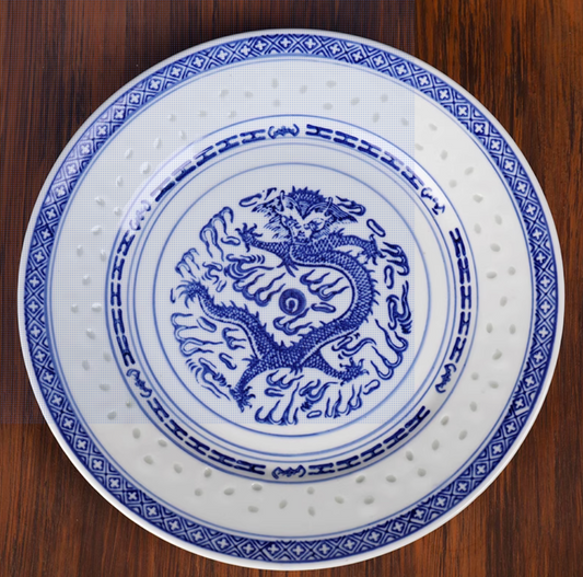 Blue & White Porcelain Round Soup Plate – Dragon Pattern